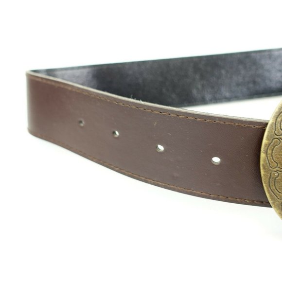 Women's‎ Leather Brown Dress Belt 27.5 Brass Circle Buckle Boho - Picture 3 of 10